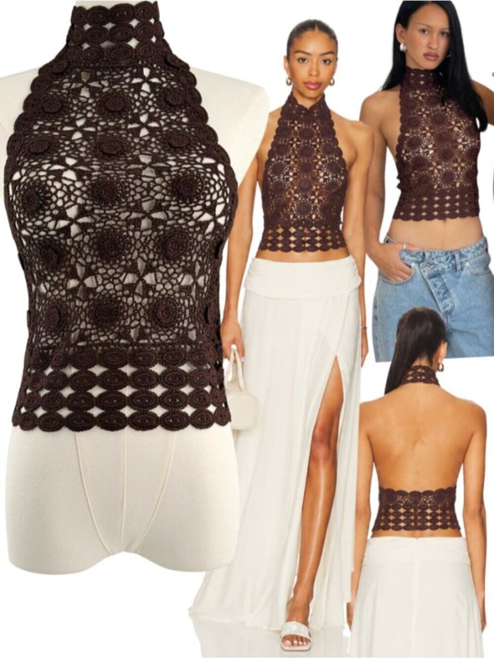 🆕 BEC + BRIDGE 🧿 NWOT Ania Crochet Florette SeeThru Halter Top, Dark Chocolate